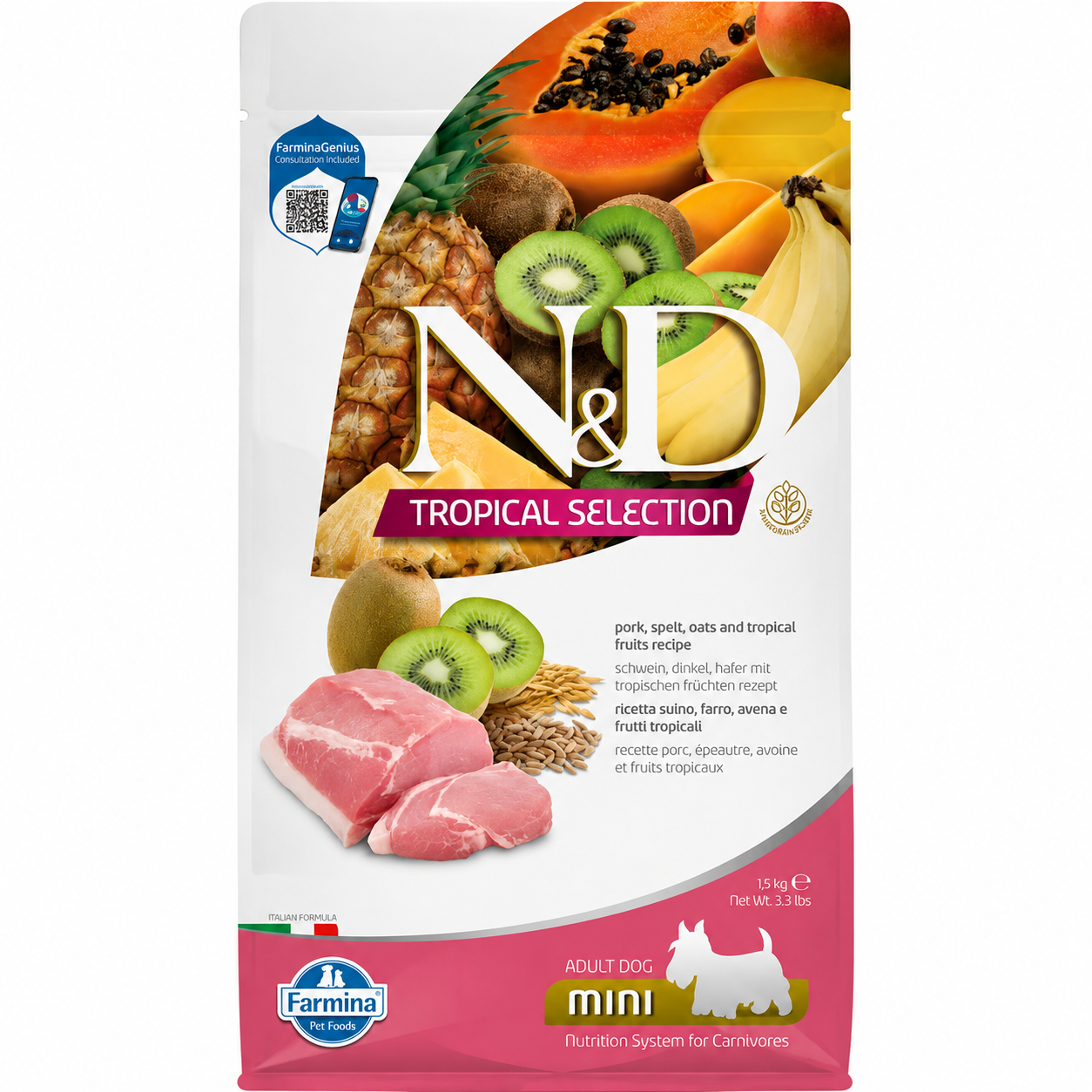 N&D Tropical Selection Pork Grain Free Mini Adult храна за кучета от дребни породи със Свинско и Тропически плодове 1,5кг